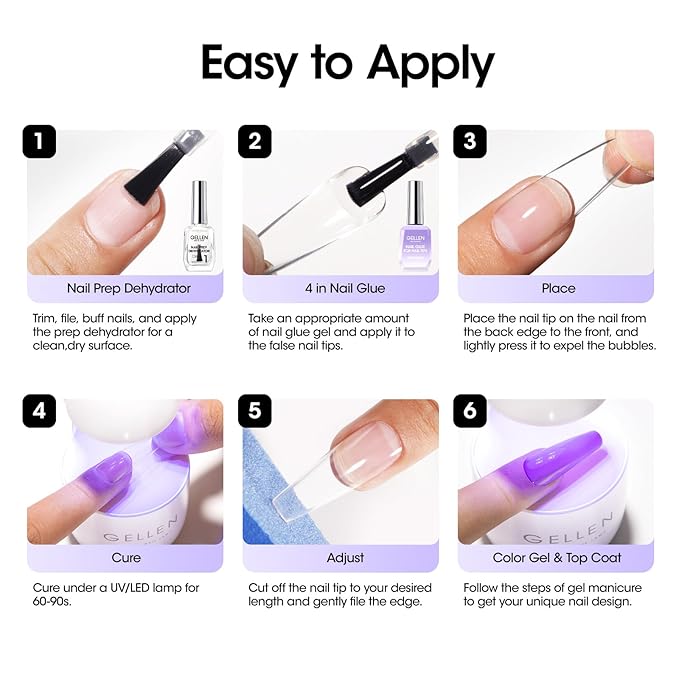 Gellen 18ML Nail Glue Gel and Nail Prep Dehydrator, 4 in 1 Soak Off LED UV Glue for False & Acrylic & Clear Press on Nails, Long Lasting for 28+ Days