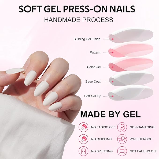 Press On Nails Short - Findigit Press On Nails, Almond Fake Nails White with Nail Glue, Fit Perfectly Natural Reusable Stick On Nails in 16 Sizes - 32 Glue On Nails Kit, Cream White