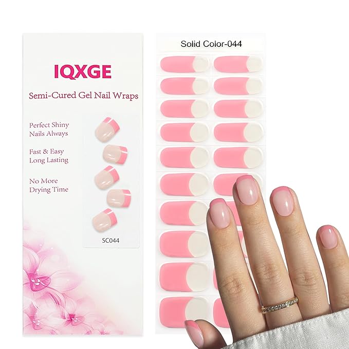 Clear Semi Cured Gel Nail Strips French Tip 20Pcs Rose Pink UV Gel Nail Stickers Glossy Nails Polish Strips UV/LED Light Needed Self Adhesive Full Polish Nails Wraps for Women