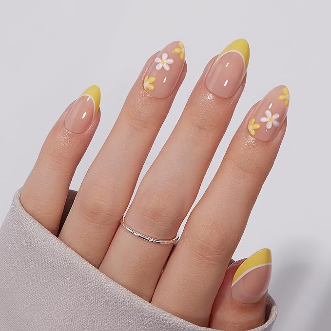 VSALON Press on Nails Short Almond - Lemon Yellow French Tip 3D Flower Design Fake Nails Kit, Reusable Valentines Gel Glue on Nails with Glue & Cuticle Oil - 32 PCS Stick on Nails in 16 Sizes