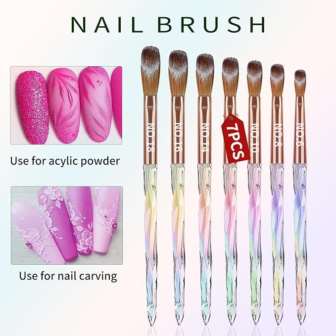 7PCS Acrylic Nail Brush Set,Size 6/8/10/12/14/16/18 Professional Nail Brushes for Acrylic Application Extension and 3D Carving for Nail Home Salon DIY