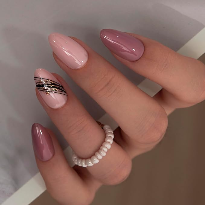 Curvlife Press On Nails – 30PCS Full Cover False Natural Fit Soft Gel Fake Nails Tips, Easy to Apply at Home Glue On False Nails Kit (Minimal Line Almond, Medium)