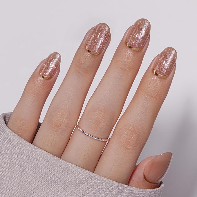 VSALON Press On Nails Short Oval, Gold Foil Nude French Tip Cat Eye Shimmer Nails, Salon Quality Semi-transparent Fake Nails Kit - 32 PCS Stick on Nails in 16 Sizes with UV Glue & Cuticle Oil