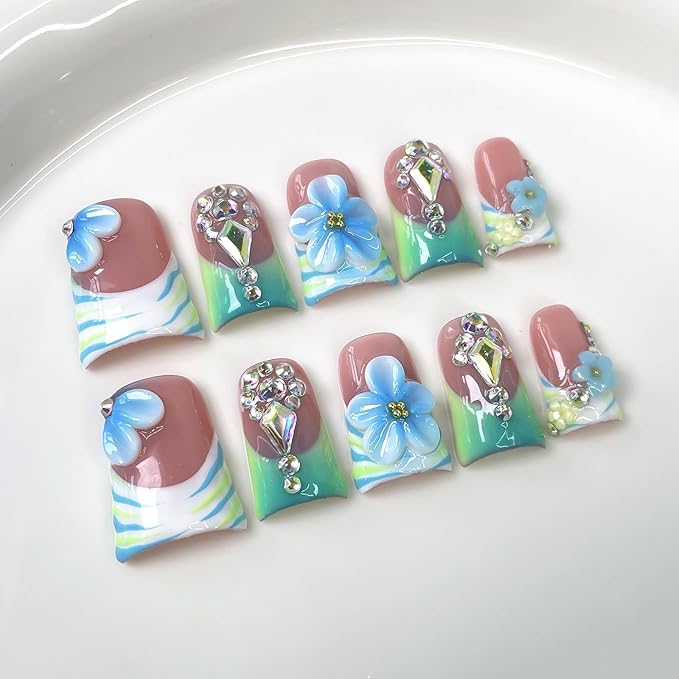 10Pcs Blue Green Duck Press on Nails Handmade Fake Nails Short French Tip False Nails with 3D Flower Rhinestone Design Acrylic Nails Press ons Summer Flower Nail Handmade Stick on Nail for Women (M)
