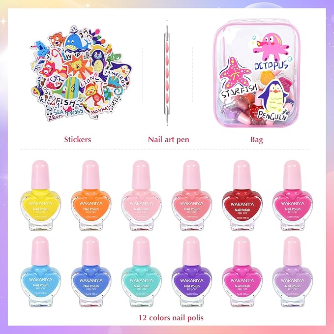 wakaniya Kids Nail Polish 12 Colors Girls Nail Kit with Glitter Stickers and PVC Organizer Bag Non Toxic, Quick Dry Peel Off Safe Nail Polish