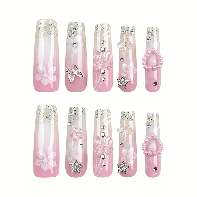 RTKHFZE Nails Press Ons French Press on Nails Long Square Fake Nails with Charms 3D Butterfly and Rhinestones Designs Acrylic Nail French Pink White Gradient Full Cover False Nails for Women 24Pcs