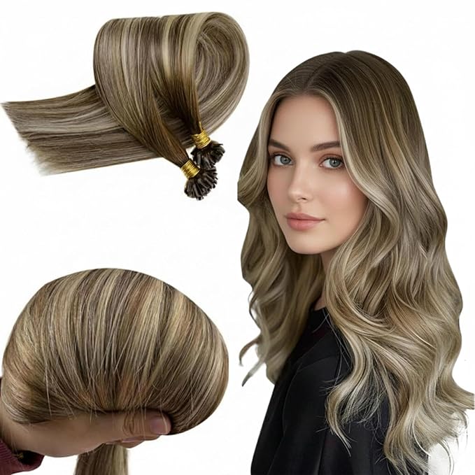RUNATURE U Tip Hair Extensions Human Hair Brown Ombre Light Blonde Mix Dark Brown U Tip Hair Extensions Human Hair 22 Inch Keratin Tip Extensions Real Hair Long Remy Hair Add Length 50g 50s