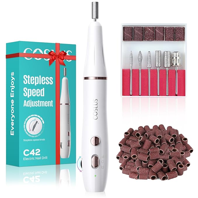 Cordless Electric Nail Drill File: COSLUS Nail Drill Machine with Stepless Speed Knob for Acrylic Gel Dip Powder Polish, Professional Portable Manicure Pedicure Kit Rechargeable for Home Salon Use