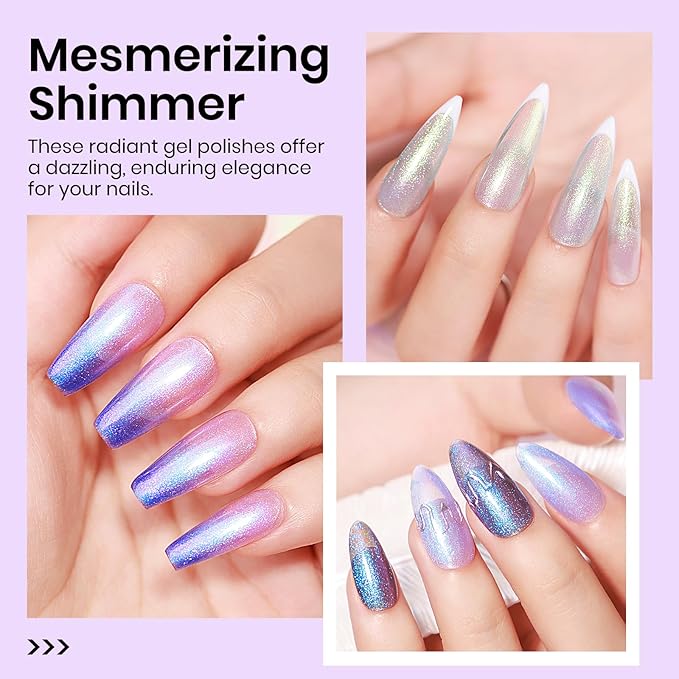 MIZHSE Chameleon Glitter Gel Nail Polish Set - 6 Colors Aurora Sparkle Glitter Gel Polish Kit Blue Purpke Holographic Shimmer U V LED Gel Polish for DIY Salon Home Manicure