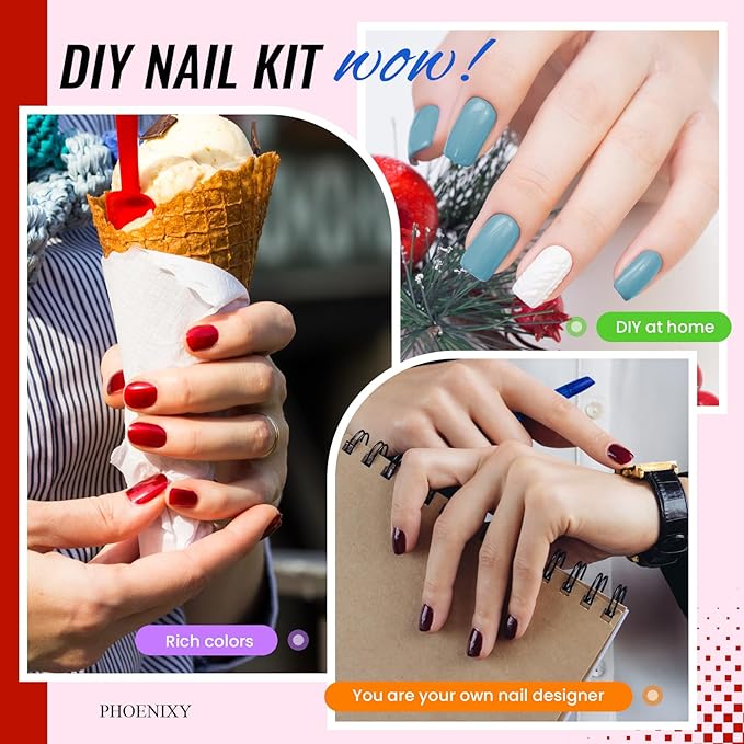 PHOENIXY 71 Pcs Gel Nail Polish Kit with U V Light, 55 Colors Gel Polish Set Red Black White with 5 Pcs Base and Glitter Matte Glossy Gold Top Coat Manicure Starter Nail Polish Set Gifts for Women