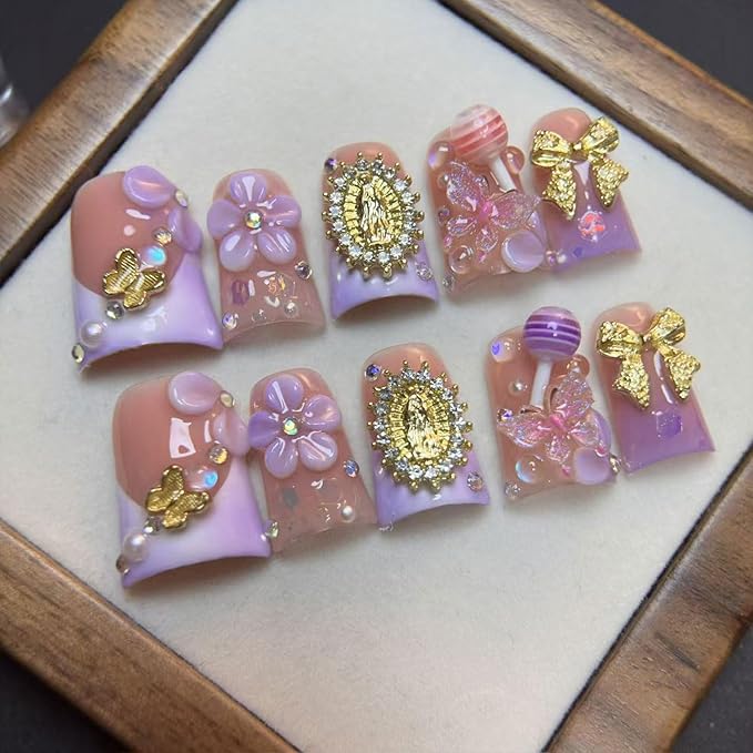 Handmade Press On Nails Duck Medium Nails Press Ons 3D Velvet Floral Pink French Tips False Nails with Sun Butterfly Lollipop Pattern Design Reusable Acrylic Stick on Nail for Women 10 Pcs（M）