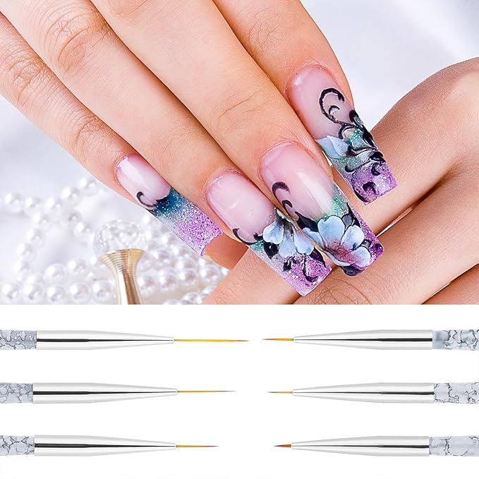 Tbestmax 6 Pcs Nail Art Liner Brushes, UV Gel Painting Acrylic Nail Brushes Striping Brushes for Short Strokes, Details, Blending, Elongated Lines 5/7/9/11/15/20mm