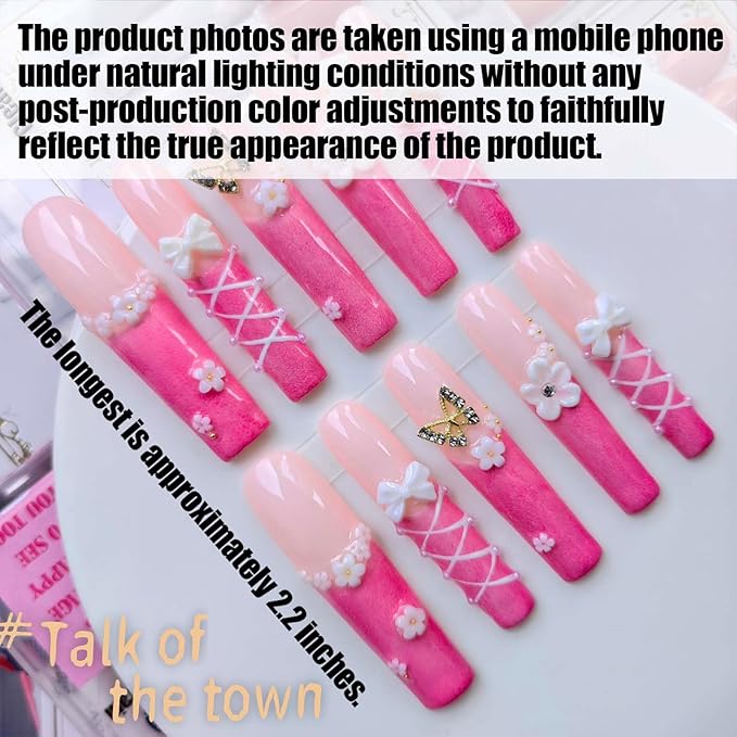 Xxl Press on Nails Extra Long Square Handmade Press-on Nails with Design Pink French Tips Press Ons 10pcs M Size Pattern 1108