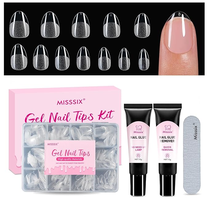 Misssix Extra Short Almond Gel Nail Tips, 216Pcs Pre Etched Clear Fake Nails, Full Cover Soft Acrylic False Nail Glue and Nail Glue Remover for Women 12 Sizes
