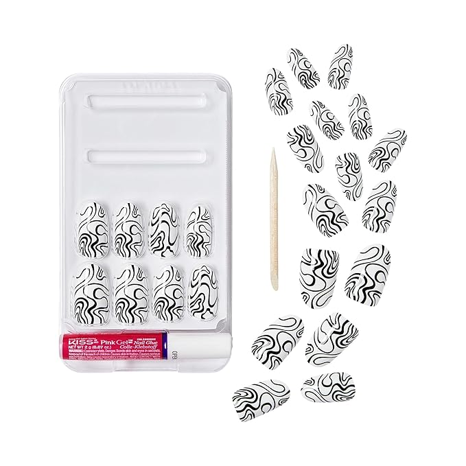 GoldFinger 24 Pcs Press On Nails,Medium Oval Fake Nails, Black White Swirl Gel Stick On Extensions, Reusable Full Cover False Nail Kit with Glue, Manicure Stick & File, 7 Day Long Lasting Wear