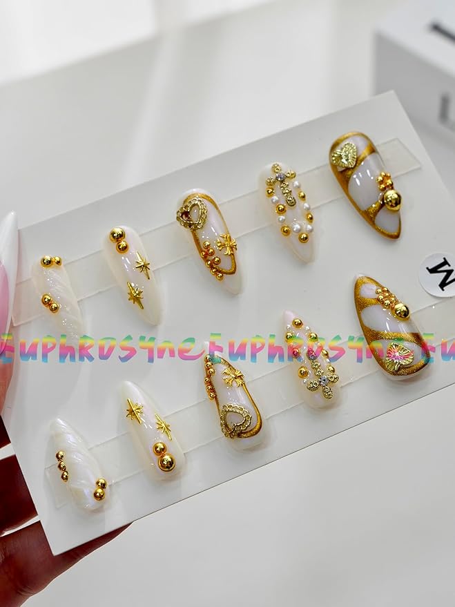 Euphrosyne 10pcs Long Oval Gold and White Press On Nails – Fake Nails with Stars, Hearts & Rhinestones | Glam Stick-On Nails for Christmas, New Year or Party Wear