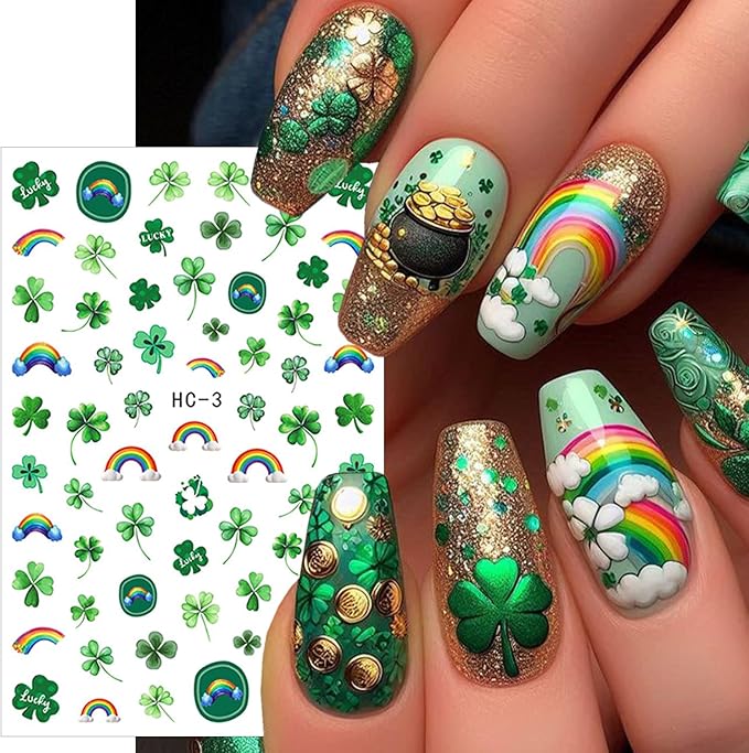 6 Sheets St Patricks Day Nail Stickers Lucky Rainbow Clover Nail Art Stickers Irish Flag Horseshoe Hat Beer Gold Coins Shamrocks Nail Decor 3D Self-Adhesive St. Patrick's Day Nail Decals for Women