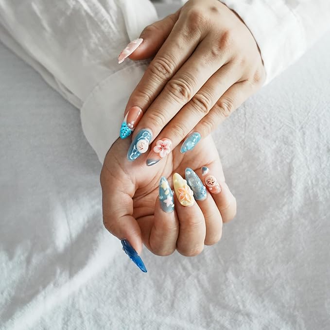 Summer Beach Press on Nails Medium Almond - Blue Ocean French Tip False Nails with 3D Flower Colorful Sea Starfish Designs Full Cover Handmade Stick on Nails (Blue Floral Carving,M)