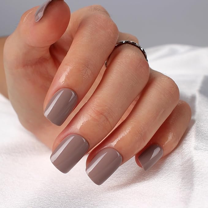 Brown Press On Nails Short, Glossy Soft Gel Press On Nails Square, 15 Sizes - 30 Fake Nails Kit, Thick Natural Reusable Stick On Nails for Women