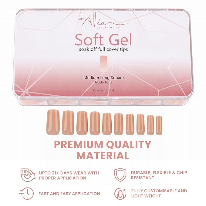 Allkem Soft Gel Nail Tips - Medium Long Square Nail Extensions Kit - 12 Sizes Long Full Cover Nails - Nude (504 Pieces)