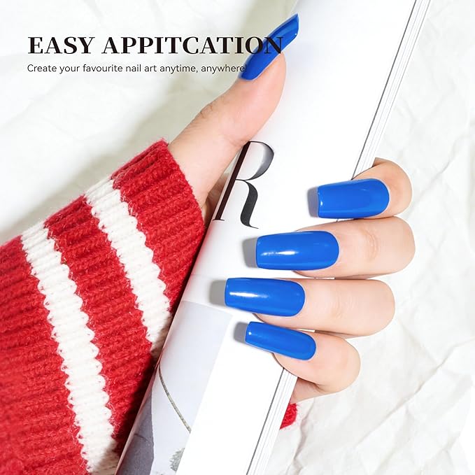 Semi Cured Gel Nail Strips Blue Solid Gel Nail Stickers with UV/LED Required Long Lasting Gel Nail Stickers Includes 22 Strips 2 Prep Pads, Nail File & Wooden Stick