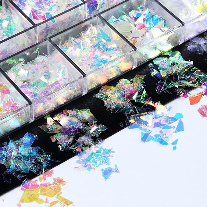 Nail Art Mermaid Flake Sequins 3D Acrylic Holographic Chunky Laser Decals Ultra Thin Iridescent Glass Paper Sticker Manicure Decoration 12 Grids