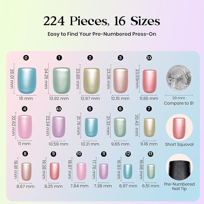 Beetles X Press Cat Eye Nails - Fizz Aurora | 7 Colors Short Square Press On Nails | 16 Sizes 224 Pcs Natural Salon Quality Soft Nail Gel Art DIY For Women