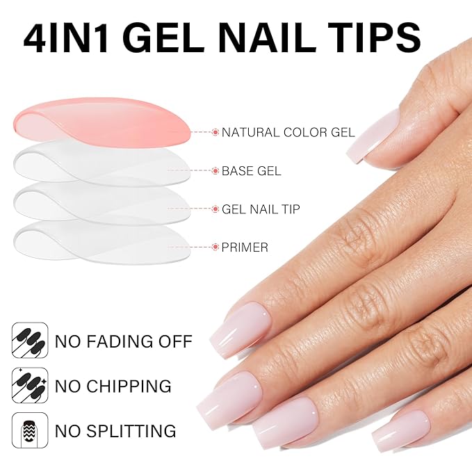 AILLSA RealFit Natural Color Short Coffin Press On Nails 4 in 1 Pre-applied Tip Primer, No Need to File Easy to Apply Long Lasting False Nail for Salon Home DIY Gifts 150 PCS