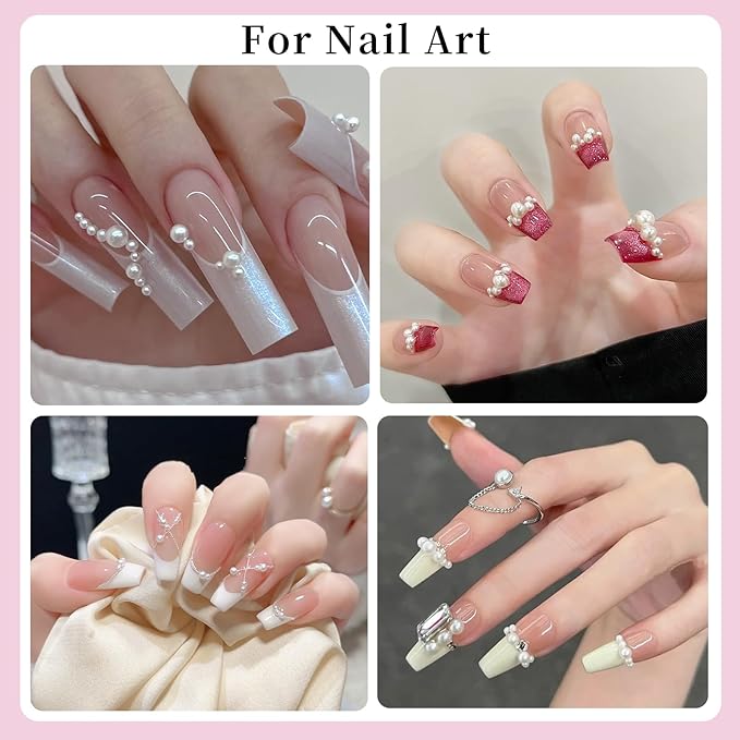 Multi Sizes Round Pearls 3D Nail Charms, 2-6mm White Pearls Nail Jewelry with Tweezers and Dual-end Brush for Women Manicure Nails Supplies DIY Crafts Decorations (21-K1-white-beads)