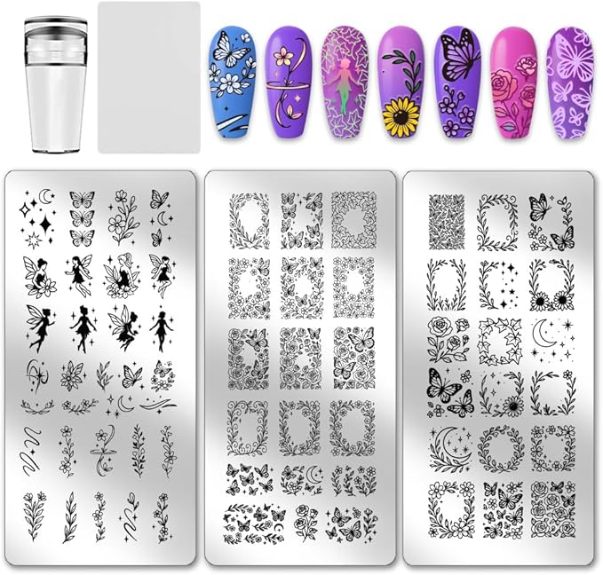 PH PandaHall 3pcs Angel Fairy Nail Stamping Plate Flower Border Nails Art Templates Butterfly Rose Plants Manicure Art Stencils Moon Star Nail Image Plates for Women Manicures Salon Print Design