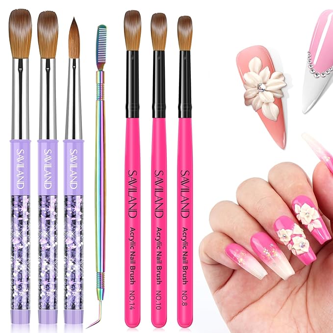 SAVILAND Acrylic Nail Brush Set: 6PCS Brushes for Acrylic Powder Application, Nail Art Extension, 3D Carving, Home Salon
