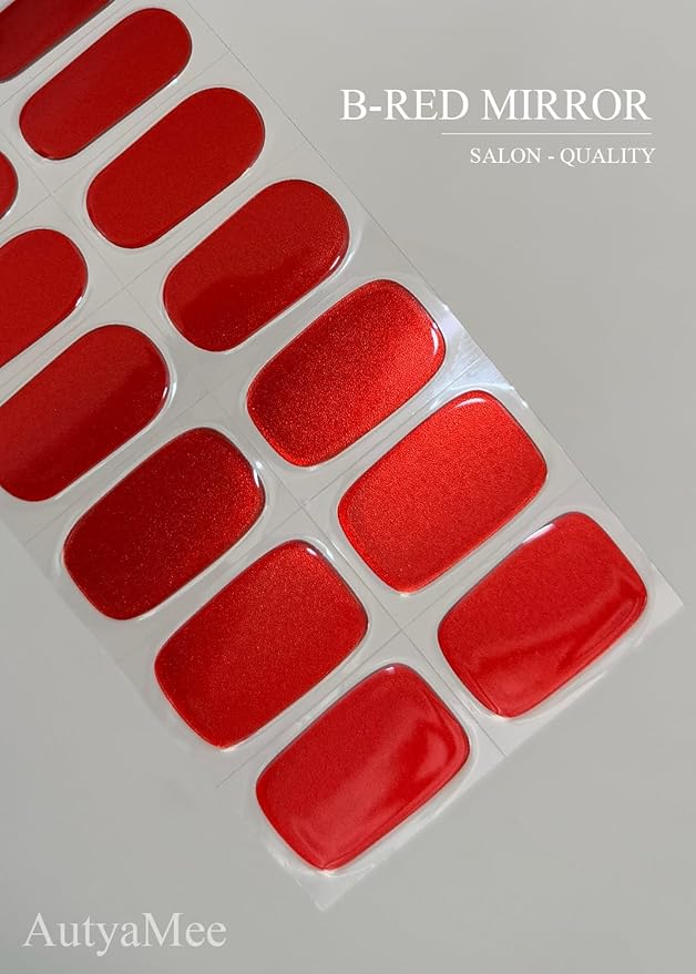 Semi Cured Gel Nail Strips (B-Red Mirror), Chrome, 20 Pcs Gel Nail Wraps, Stickers, Salon Quality, Long Lasting, Works with Any UV Lamps