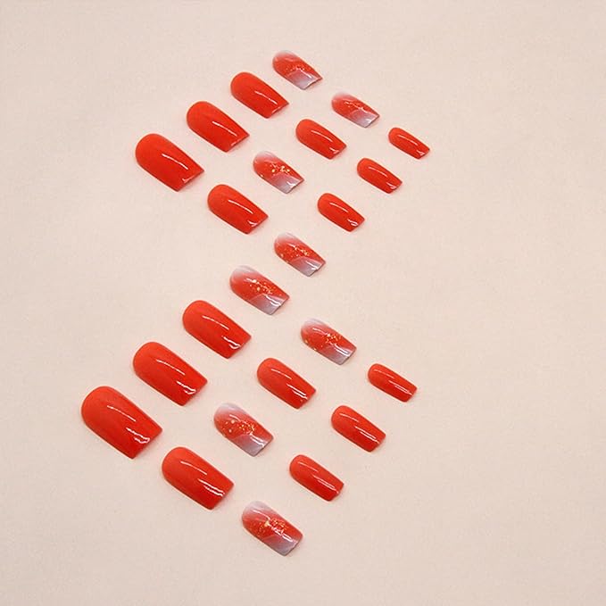 Orange Press on Nails Medium Square Fake Nails Press ons Full Cover False Nails with Design Gold Foil Sequins Glue on Nails Shiny Glossy Acrylic Artificial Nail for Women Manicure 24Pcs