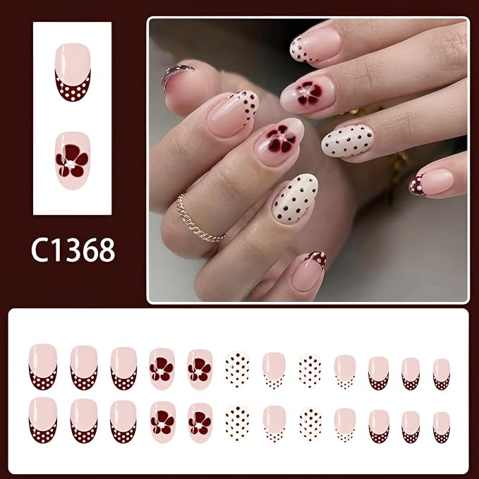 Polka Dot Fake Nails Short Almond Press on Nails French Tip Glue on Nail Flower False Nails Glossy Full Cover Nails Press Ons DIY Acrylic Stick on Nail for Women and Girls Decorations Set 24Pcs