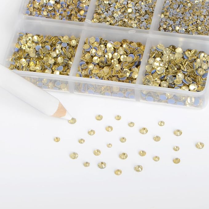 Bymitel Hotfix Crystal Rhinestones Round Gems for Crafts,Mixed 6 Sizes with Wax Pencil Kit, Jonquil 1.3-3.2mm(SS3-SS12/8000pcs)