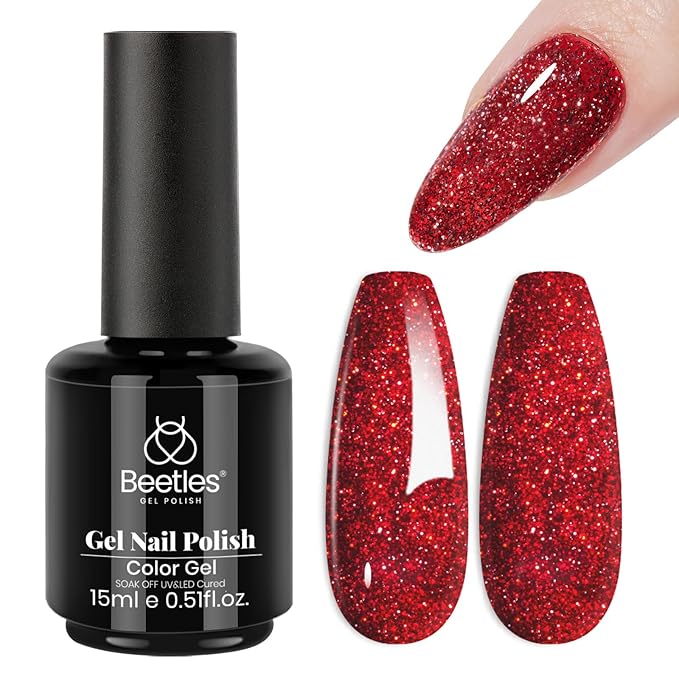 Beetles Red Glitter Gel Nail Polish - Wine Red Shimmer Gel Polish 1Pcs 0.5Oz 15ml Soak Off UV LED Long Lasting Glossy Manicure for Valentine Nail Art and DIY