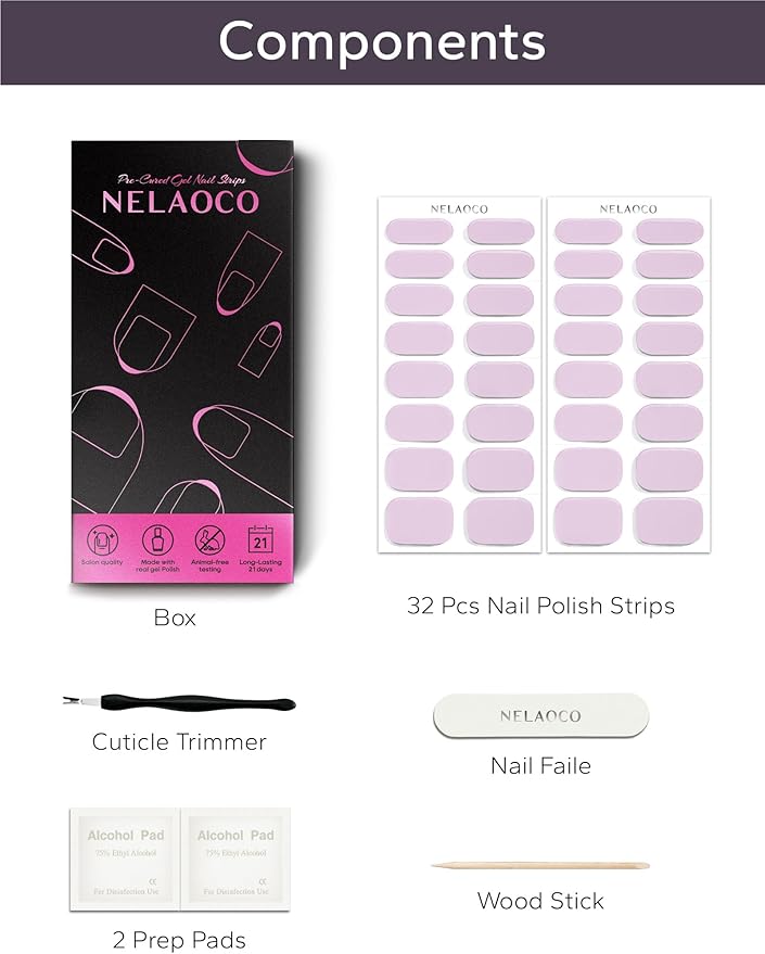 Nail Polish Strips – 32PCS UV Free Salon Quality Wraps, Long Lasting Gel Nail Stickers for Women (Whisper Pink)