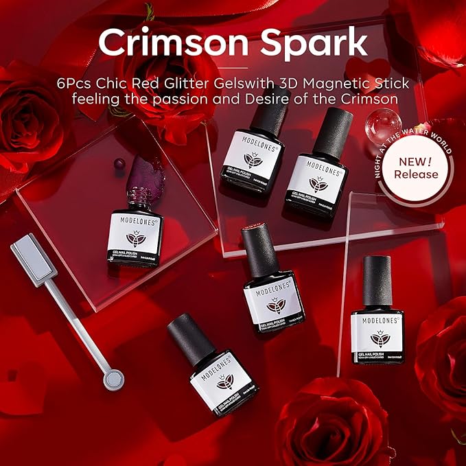 modelones Gel Nail Polish Set, 6 PCS Christmas Red Burgundy Purple Glitter Gel Polish Colors Cat Eye Chameleon Shimmer Soak OFF LED Nail Art Gel Nail Kit Manicure Salon DIY Nails Gift