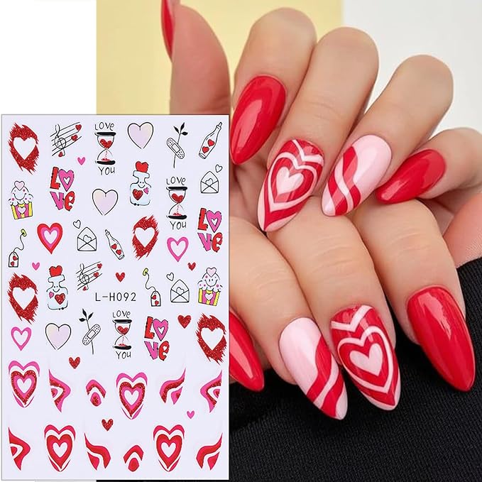 6 Sheets Valentines Nail Stickers for Nail Art Romantic Heart Nail Art Stickers Red Lips Rose Nail Decals 3D Self-Adhesive Envelope Love Hearts Valentine Nail Decorations for Women DIY Holiday Nails