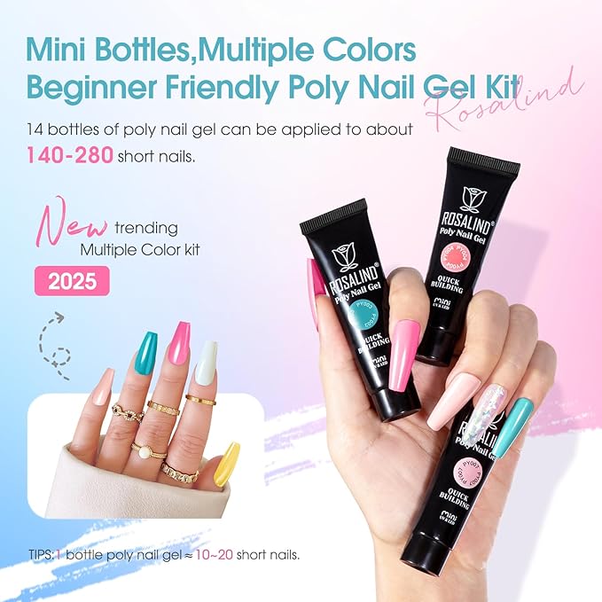 Poly Nail Gel Starter Kit with Drill-14 Colors + 75 Nail Art Accessories Kit, ROSALIND Neon Poly Extension Gel with Big UV Light 48W and Electric Nail Drill Starter Kit with Everything