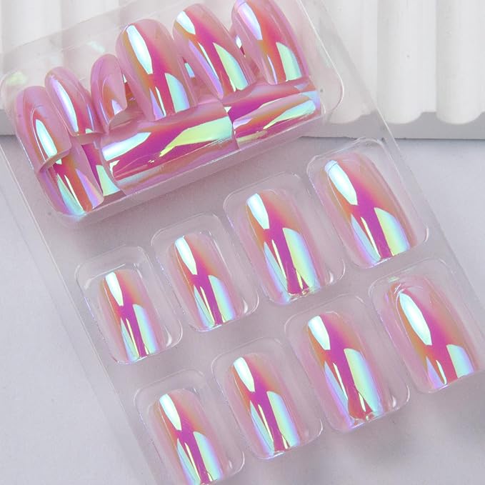 Chrome Press on Nails Medium Square Fake Nails Press ons with Glossy Holographic Gradient Acrylic Nails Metal Chrome False Nails Shiny Full Cover Glue on Nail for Women Manicure 24Pcs