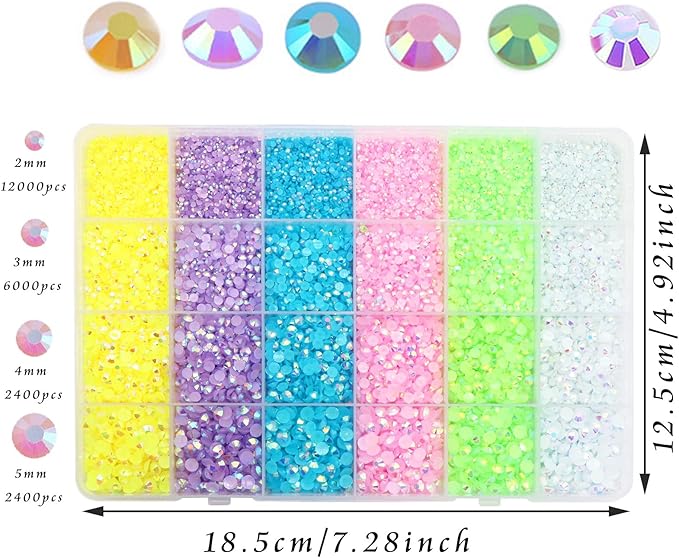 22800Pcs Rainbow Rhinestones for Crafts Nails Design Multi Sizes Flatback Resin AB Jelly Rhinestones 6 Colors Nail Gems for Nail Art DIY Clothes Shoes Jewelry