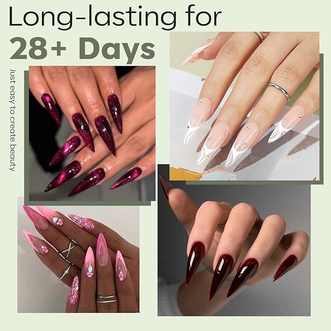 modelones Long Stiletto Nail Tips, Pre-shaped Soft Gel Tips Fake Nails False Acrylic Clear Full Cover Press on Extension Kit Gel Manicure DIY at Home 216PCS 12Sizes