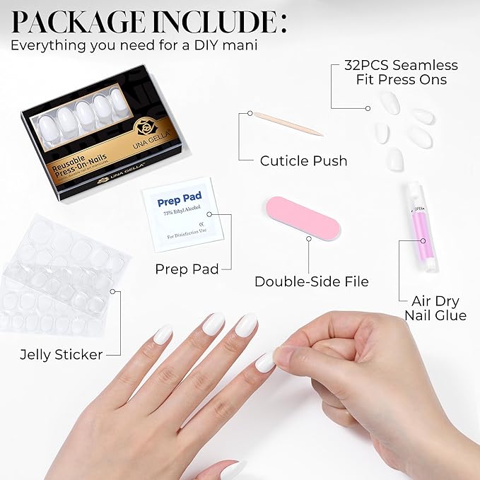 UNA GELLA 32Pcs Soft Gel Press on Nails Oval - 16 Sizes Milky White Round Glue on Nails, Reusable Solid Color False Nails, Full Cover Acrylic Nail Kit for Women DIY Home Manicure