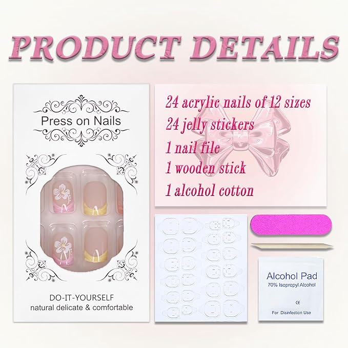 Press on Nails Short Square French Tip Fake Nails Three-Dimensional Water Droplet False Nails with Flower Designs Full Cover Colorful Glossy Glue on Nails Acrylic Nails for Women Girls 24Pcs
