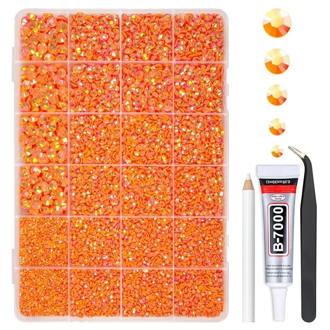 Neon Orange AB Resin Rhinestones w B7000 Jewelry Glue for Bedazzling Crafting 2mm-6mm Flatback Jelly Stones Diamonds Gems Bedazzler Kit Charms for Nails Face Eyes Makeup Tumblers Bottles Crafts