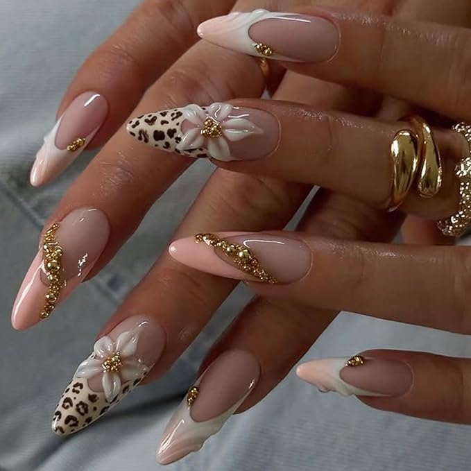 Long Press on Nails Stiletto Leopard Print Pink White French Tip Fake Nails Press ons Flower Golden Steel Balls Designs Cute Glossy Almond Glue on Nail for Women 24 Pcs