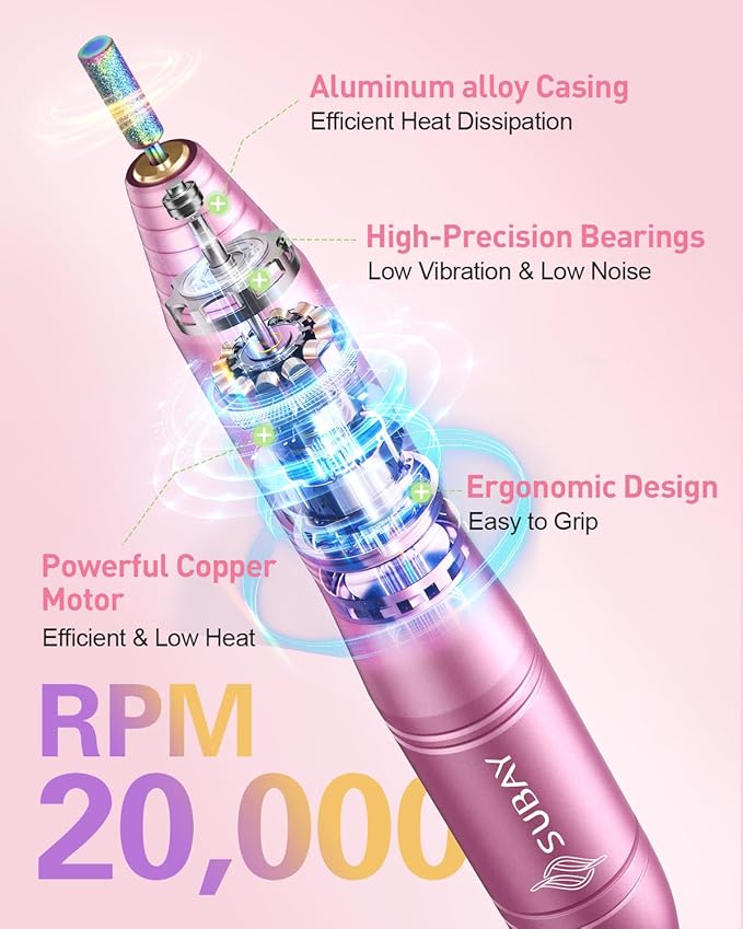 Subay Electric Nail Drill, Portable Electric Nail File for Acrylic Gel Nails, Manicure Pedicure Tool with 6 Bits and 26 Sanding Bands for Home and Salon Use - Pink