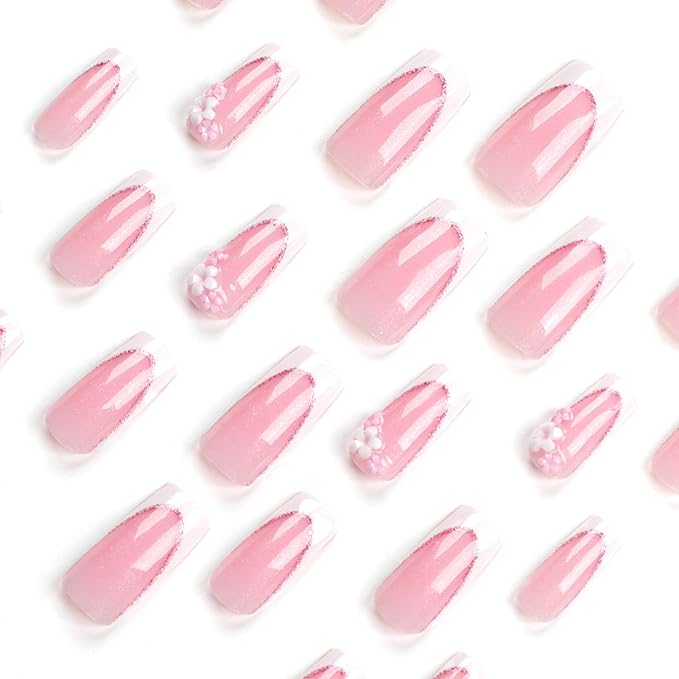 White French tips Press on Nails Medium Long Square Fake Nails 3D Flower Glue on Nails Glitter False Nails Pink Nails Glossy Reusable Spring Nails for Women Girls Manicure 24pcs