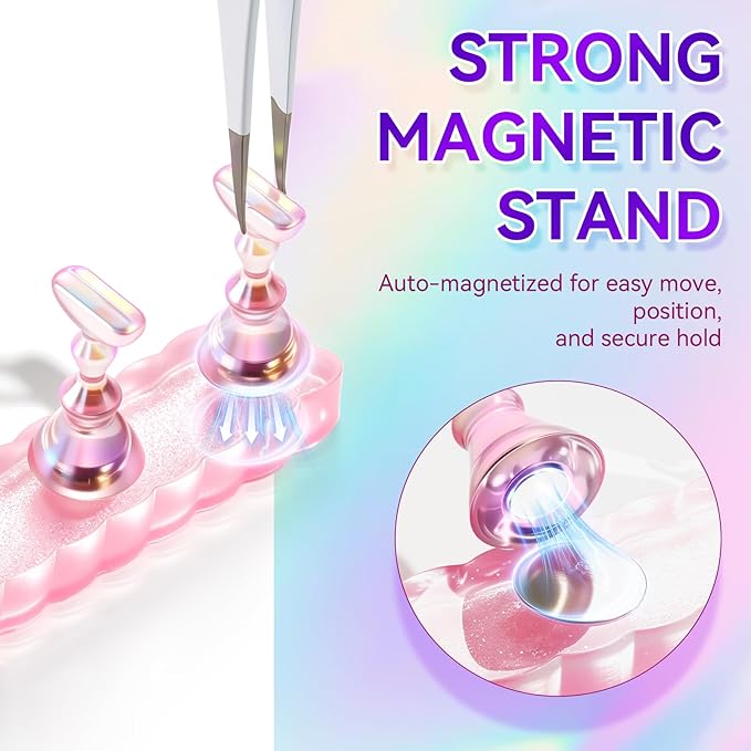Makartt Nail Holder for Painting Nails: Press on Nails Stand for Art Display Practice, Pink Glitter Magnetic Fake Holders with Reusable Adhesive Putty Nail Art Tool for Home Salon DIY Use